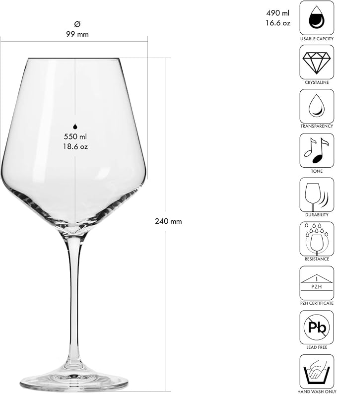 Krosno Red Wine Glasses 4-Piece 16.6 oz Avant-garde Collection, Perfect for Home, Restaurants & Parties, Dishwasher Safe, Thin Rim, Long Stem | Lead-Free Crystal Glass