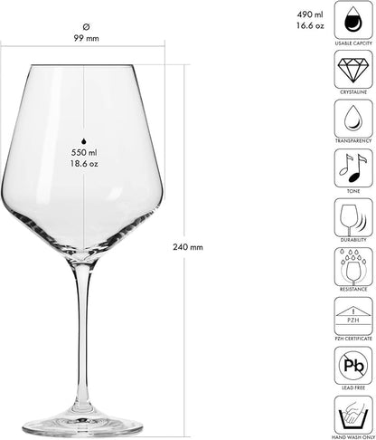 Krosno Red Wine Glasses 4-Piece 16.6 oz Avant-garde Collection, Perfect for Home, Restaurants & Parties, Dishwasher Safe, Thin Rim, Long Stem | Lead-Free Crystal Glass