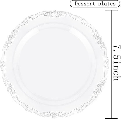 DaYammi 60PCS Clear Plastic Plates Heavy Duty Clear Disposable Plates 7.5” Fancy Dessert Plates Small Cake Plates Appetizer Platos Hard Round Plastic Platos Disposable for Wedding and Party