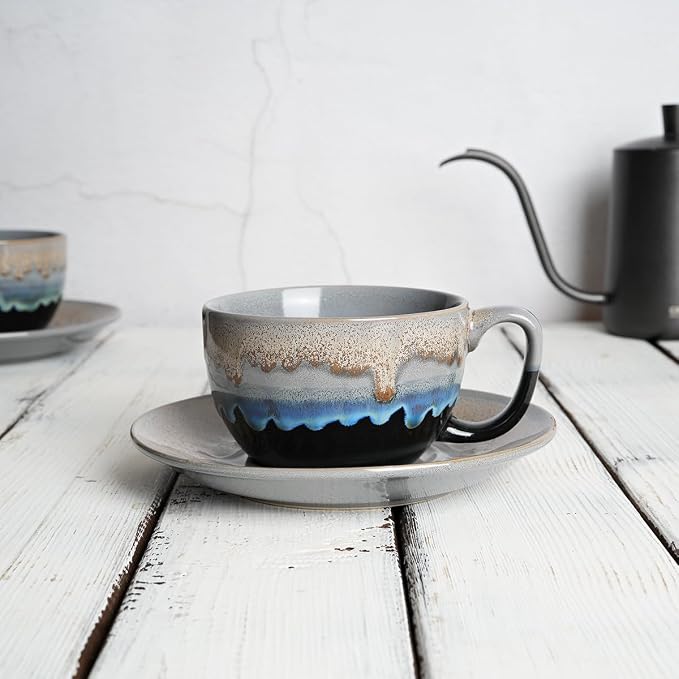 Bosmarlin Ceramic Cappuccino Cup and Saucer Set of 2, 10 Oz, Dishwasher and - Image 4