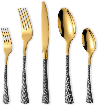 Hammered Black Gold Silverware Set, 20 Piece Modern Flatware Set Service by Unknown