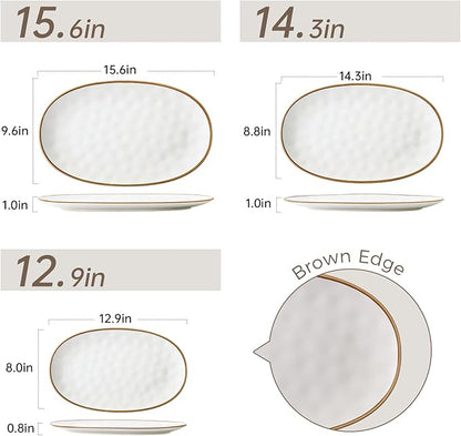 Ceramic Oval Serving Platter with Brown Rim: 15.6/14.3/12.9 Inch Large Serving Dishes for Entertaining Party, Turkey, Steak, Ham, Microwave Dishwasher Safe