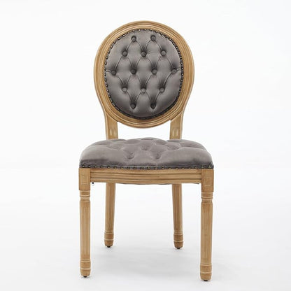 Ball & Cast French Vintage Upholstered Dining Chairs Set of 2, Button Tufted Kitchen Side-Chairs with Carved Antique Wood Frame & Nailhead Trims, 2-Piece Curved Backrest Louis Chair, Velvet Gray