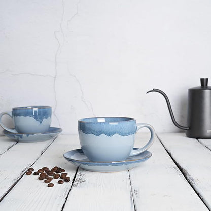 Bosmarlin Ceramic Cappuccino Cup and Saucer Set of 2, 10 Oz, Coffee Cups - Image 4