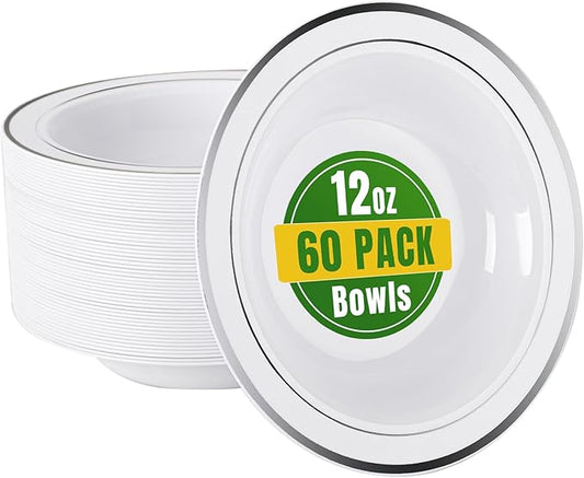 bUCLA 60 Pack Plastic Bowls with Silver Rim - 12 oz Plastic Soup Bowls Disposable for Party, Wedding, Christmas & Gathering