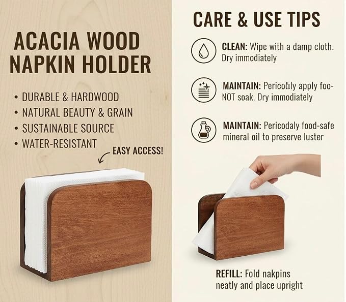 Wooden Napkin Holder for Table Acacia Wood Standing Paper Napkin Dispenser - Image 8