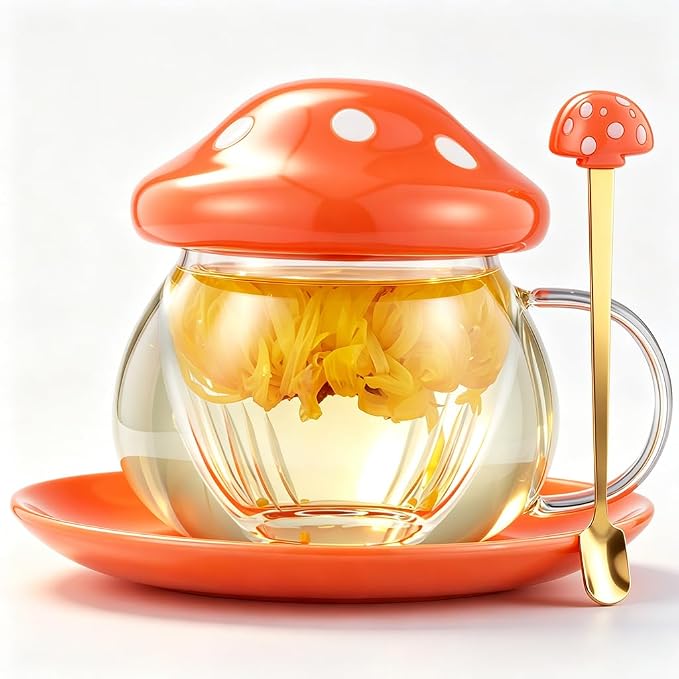 Mushroom Tea Cup Set, Cute Glass Tea Cups and Saucers, Kawaii Teacup by Unknown