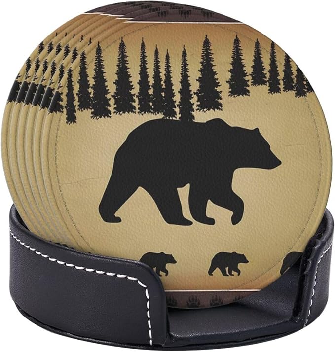 Polar Bear Pine Tree Premium Leather Coasters Set of 6 - Image 4