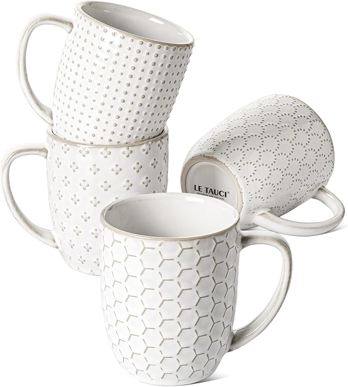 LE TAUCI Coffee Mugs 12 oz, Ceramic Mug Set Set of 4, Embossment Cups by LETAUCI