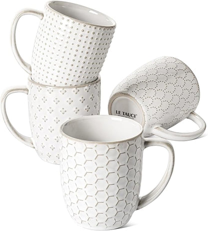 LE TAUCI Coffee Mugs 12 oz, Ceramic Mug Set Set of 4, Embossment Cups by LETAUCI