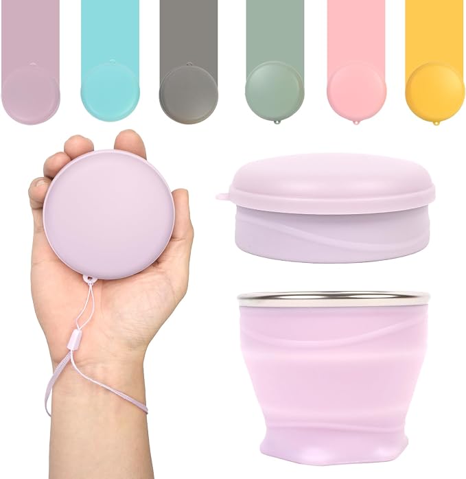 Collapsible Travel Cup with Lid - 6oz Mini Silicone Folding Cup with Stainless by zhuzhiloono