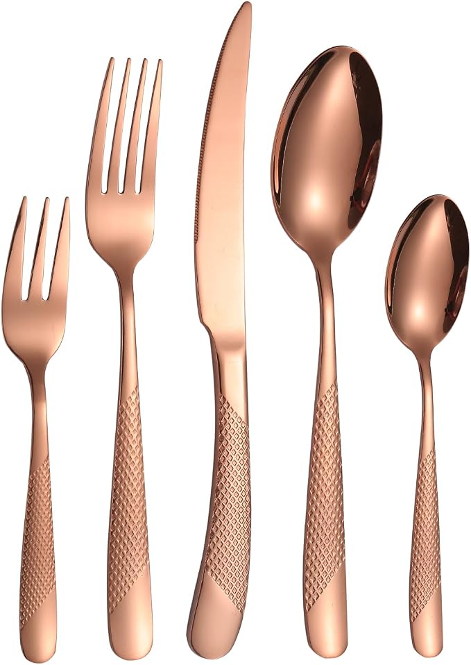 Hammered Flatware Set Copper/Rose Gold Silverware 20 Piece Stainless Steel - Image 9