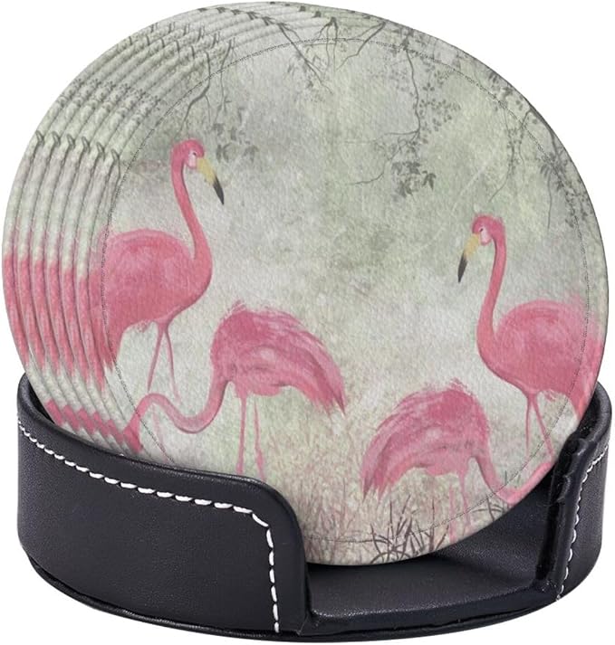 6 Pcs Pink Cute Flamingo Modern Art Boho Leather Coasters - Image 6