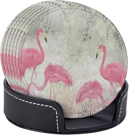 6 Pcs Pink Cute Flamingo Modern Art Boho Leather Coasters - Image 6