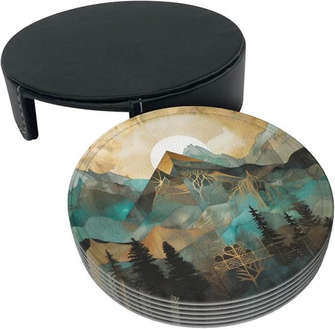 Mountains Trees Landscape Sunrise Leather Coasters Set of 6 - Image 8