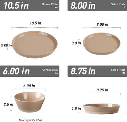 Famiware Saturn 16 Pieces Plates and Double Bowls Sets for 4, Stoneware Dinnerware Set with Pasta Bowl, Dish Set with Trim - Chip & Scratch Resistant, Microwave & Dishwasher Safe, Cinnamon Brown