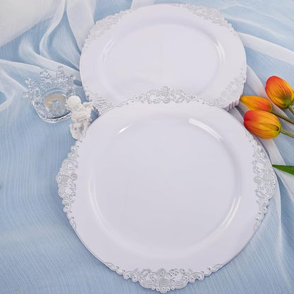 Hioasis 100pcs White Silver Plastic Plates - 10.25" Dinner Plates Disposable, Heavy -duty, Classy and Elegant for Thanksgiving