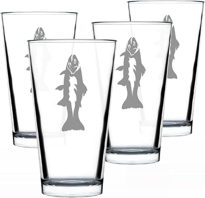 Bevvee Trout - Pint Glass for Beer - Trout Fishing Gifts for Fisherman - Fun Fish Cups & Lake House Decor - Set of 4-16 oz