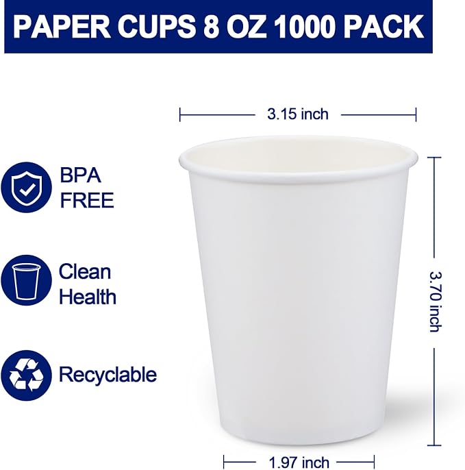 Clawsoff 1000 Count Paper Cups 8 oz Disposable Hot/Cold Coffee Cups White | - Image 2