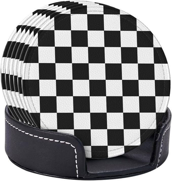 Drink Coasters with Holder Stand Set of 6 Black and White Checkerboard Pu - Image 2