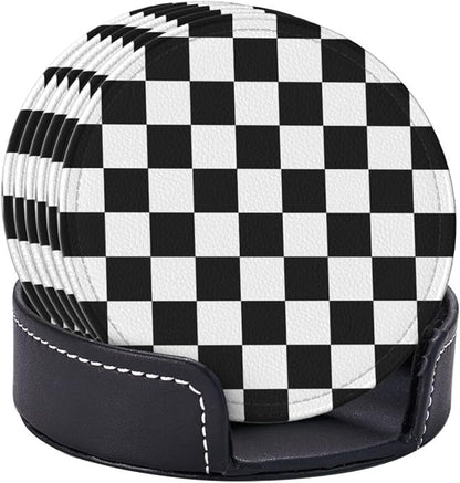 Drink Coasters with Holder Stand Set of 6 Black and White Checkerboard Pu - Image 2