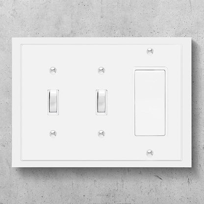 Henne Bery Modern Edge Decorative Wall Plate Switch Plate Outlet Cover, Durable Solid Zinc Alloy (Double Toggle/Single Decorator, White)