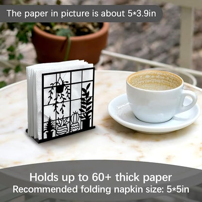 Potted Plant Decorative Black Metal Napkin Holder for Table, 4.9"x5.3"x1.9" Window Sill Hanging Basket Standing Napkin Holder for Home Kitchen Restaurant Picnic Party Coffee Bar Dining Room