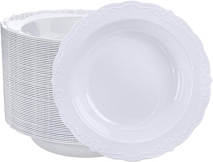 DaYammi 50 Pack White Plastic Bowls, 12oz Disposable Soup Bowls, White bowls Disposable Heavy Duty Dinner Bowls for Weddings, Salad Bowl for Parties, Dinners, Catering and Everyday Use
