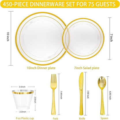 WELLIFE 450 PCS Clear Gold Disposable Dinnerware Set for 75 Guests, Clear and Gold Plastic Plates for Party, 75 Dinner & Salad Plates, Cups, Spoons Forks Knives for Wedding and Party Anniversary