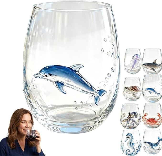 Artisanal Blue Ringed Octopus Glassware, 3D Ocean Glass Wine Glass，Dolphin | by Unknown
