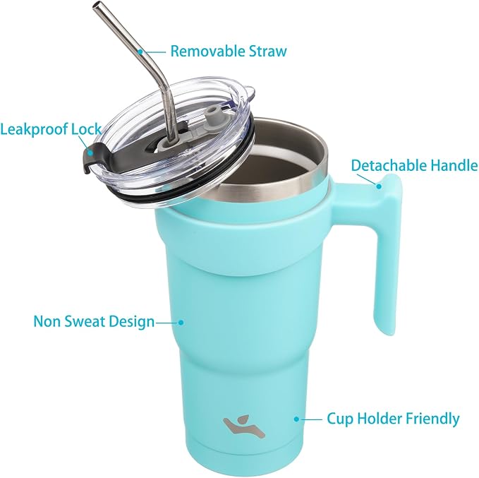 Konokyo 20 oz Tumbler with Handle and Straw, Insulated Travel Mug | Turquoise; - Image 2