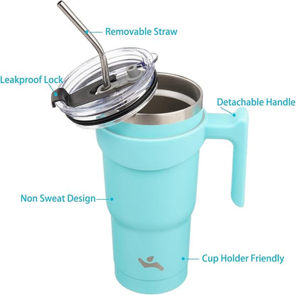 Konokyo 20 oz Tumbler with Handle and Straw, Insulated Travel Mug | Turquoise; - Image 2