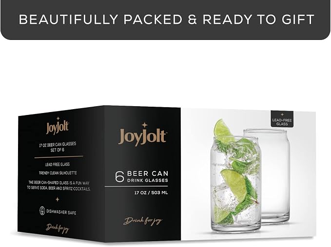 JoyJolt Drinking Glass Cups Set of 6-16oz Beer Can Glasses. Clear Soda Can - Image 7