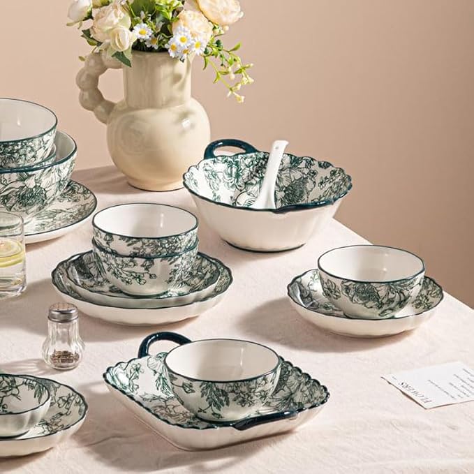 Ceramic Dinnerware Set, Floral Plates and Bowls Sets, Microwave & Dishwasher - Image 2