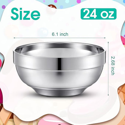 8 Pack 24 oz Stainless Steel Bowls Double Walled Insulated Soup Ice Cream Metal Mixing Nesting Bowls for Serving Soup Rice Cereal (304 Stainless Steel)
