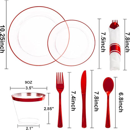 SUT 175 Pcs Red and Clear Plastic Dinnerware Set - Image 3
