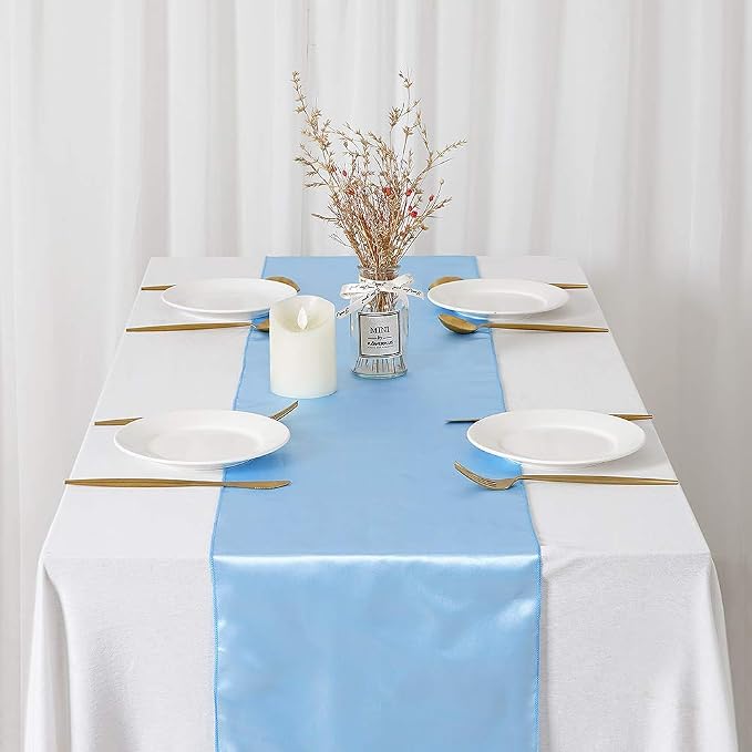Baby Blue Satin Table Runners 10 Pack 12x108 inch Silk Smooth Fabric | Bright - Image 6