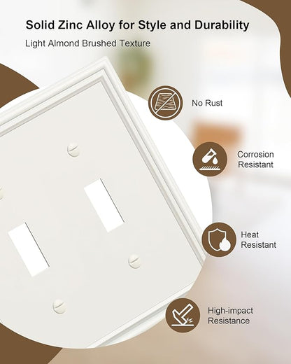 2-Pack Double Toggle Light Switch Cover Plate, Durable Solid Zinc Alloy Decorative Dual Switch Plate Covers, Light Almond 2 Gang Wall Plate, Corrosion Resistant