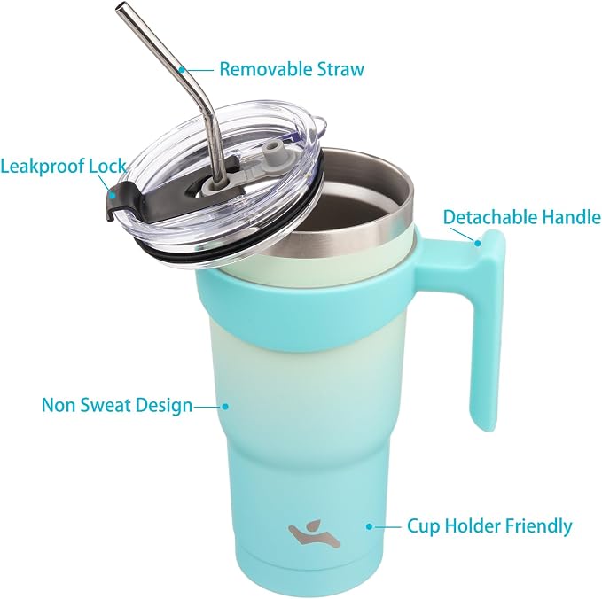Konokyo 20 oz Tumbler with Handle and Straw, Insulated Travel Mug | Mint; - Image 2