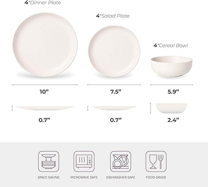 12-Piece Stoneware Dinnerware Set with Mugs | Microwave and Dishwasher Friendly | Stackable Matte Glaze Plates & Bowls | Service for 3 (White for 4)