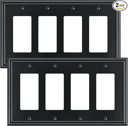 2-Pack Quad Decorator Outlet Cover Plate, Zinc Alloy Decorative Black Switch Plates and Outlet Covers, 4 Gang Wall Plates for Electrical Outlets, Receptacle, GFCI Outlet, Dimmer Switch