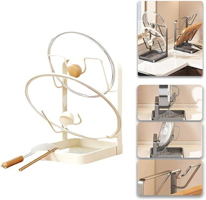 Kitchen Pot Lid Storage Rack, Pot Lid Holder for Countertop, Pot Lid Organizer Rack with Tray, Lid And Spoon Rest, Multifunctional Stand for Stove Top Kitchen Accessories (Beige, Double-layer)