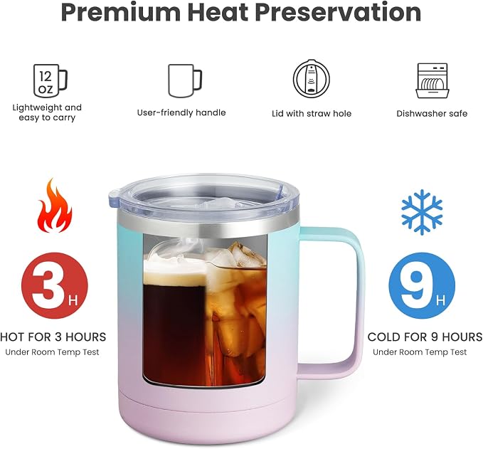MEWAY 12oz Coffee Mug With Handle and Sliding Lid, Stainless Steel Travel - Image 2