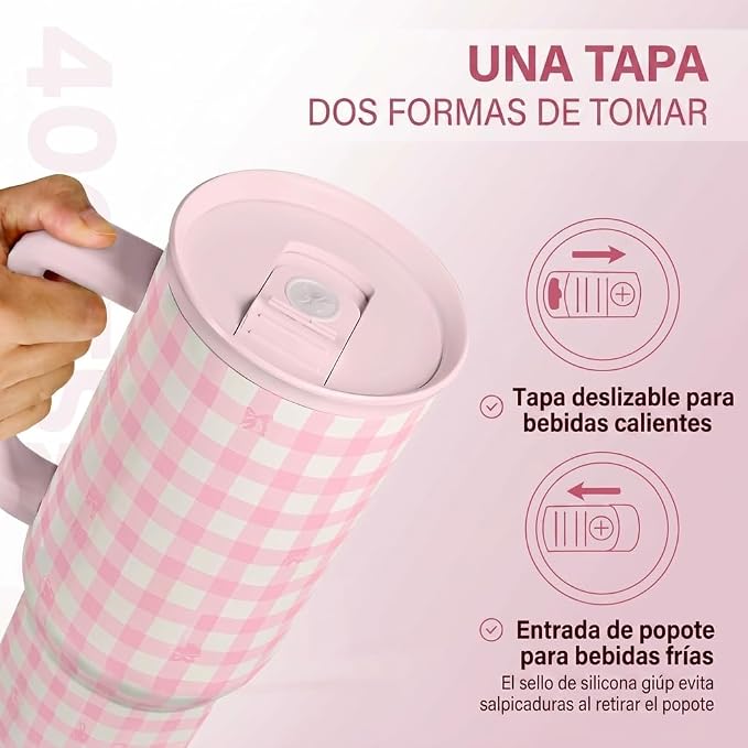 SANDJEST Pink Gingham 40oz Slider Tumbler - Image 4