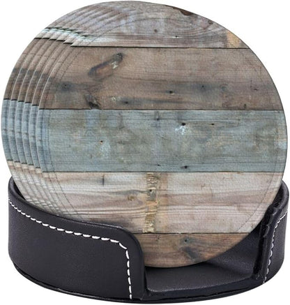6 Pcs Rustic Wooden Vintage Western Country Blue Gray Leather Coasters - Image 6