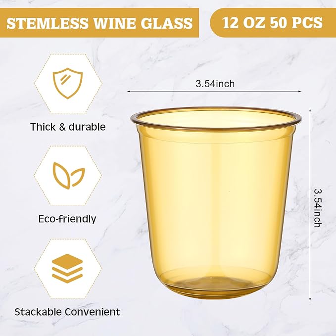 Ziliny 50pcs Disposable Stemless Glasses 12oz Crystal Plastic Wine Glasses - Image 2