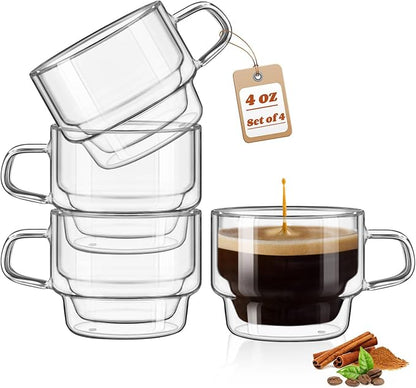 glastal 4 oz Stackable Glass Cups Espresso Cups Double Walled Espresso Glasses by glastal