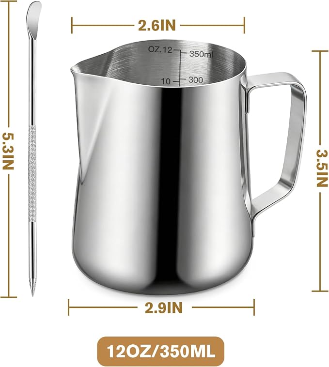 Milk Frothing Pitcher, 350ml/12oz Milk Frother Cup Stainless Steel Jug Steaming - Image 6
