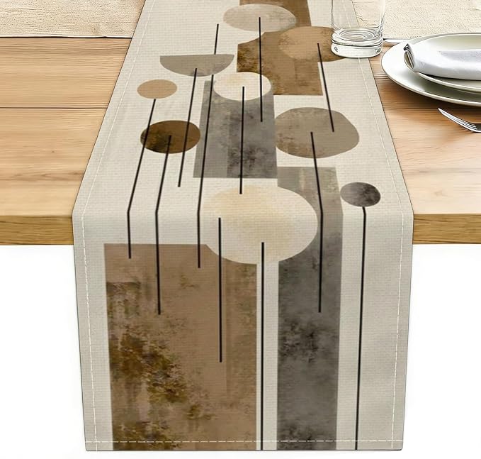 Neutral Abstract Table Runner, Modern Boho Brown Grey Line Shape Decorative | by Unknown