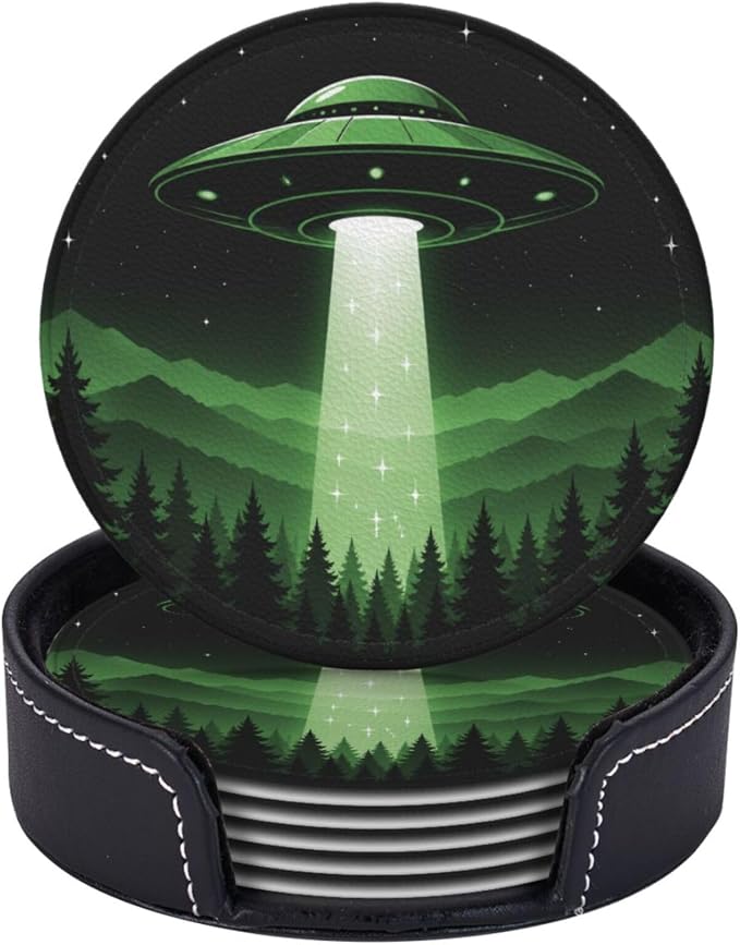 Modern UFO Mountain Art Leather Coasters Set of 6 by NeuKim